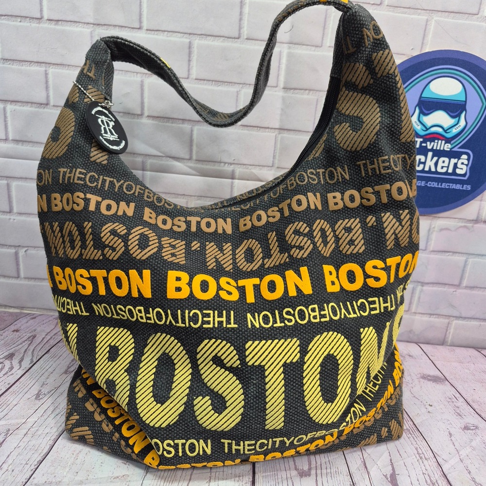 Robin Ruth Boston City Canvas Hobo Bag Charcoal Yellow Typography Tote